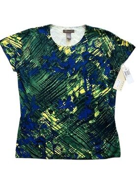 KENAR Silk Blend Short Sleeve Knit Top L Green Blue Abstract Print